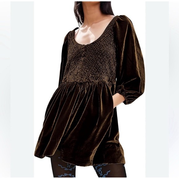 Free People Dresses & Skirts - Free People Women's Farrier Velvet Mini Dress Pockets Brown Bear Size Small NEW